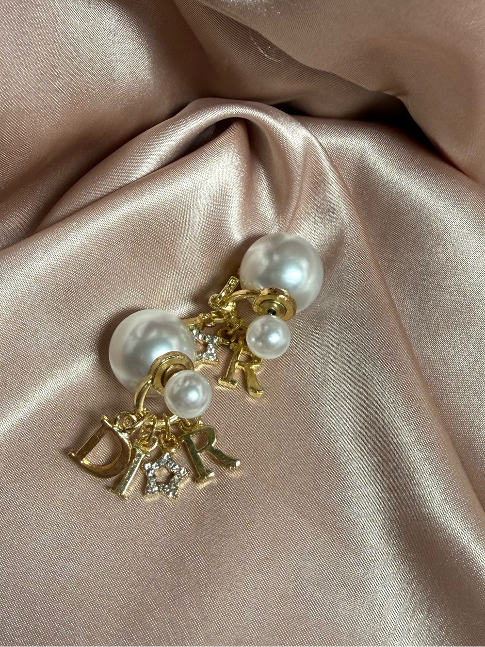 Gold Pearl Drop Earrings with Letter & Star Charms - White Pearl